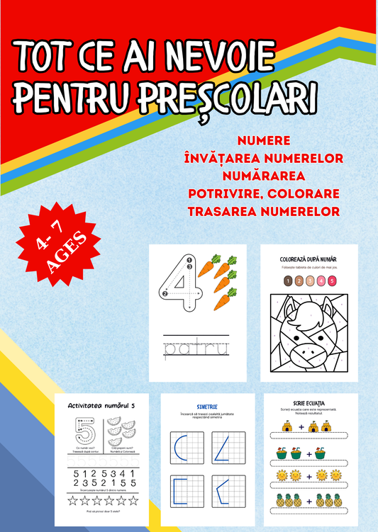 70 Fișe Educative pentru 4-7 Ani – Învață Numerele prin Numărare, Colorare, Trasare și Potrivire