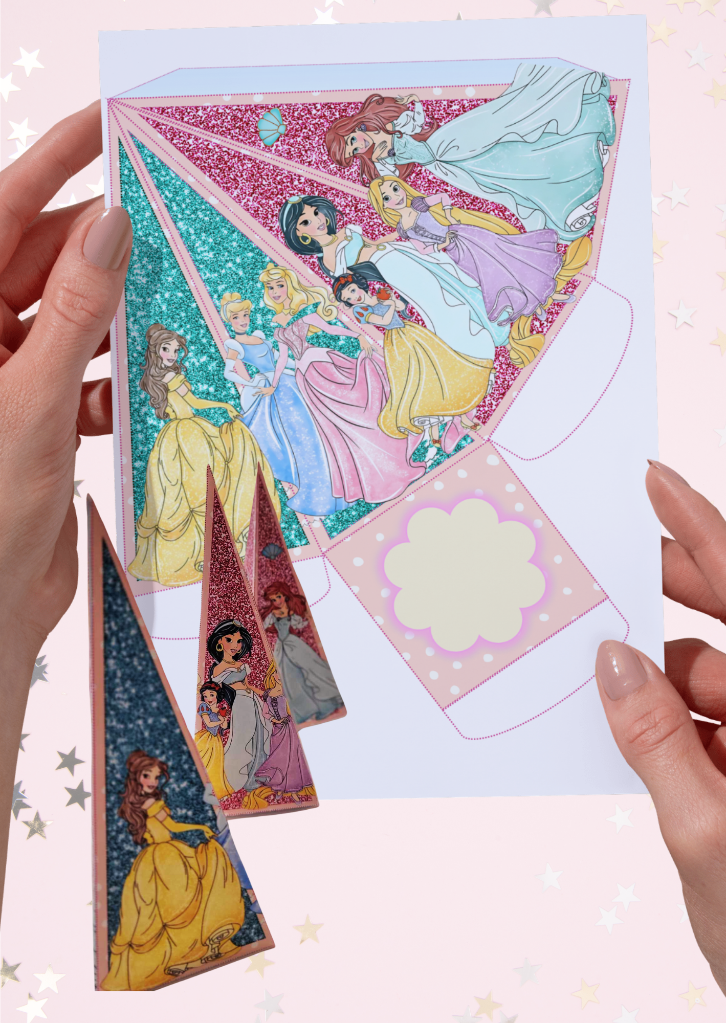 Cutiuță piramidă „Prințese” – Șablon digital editabil Canva & PDF printabil